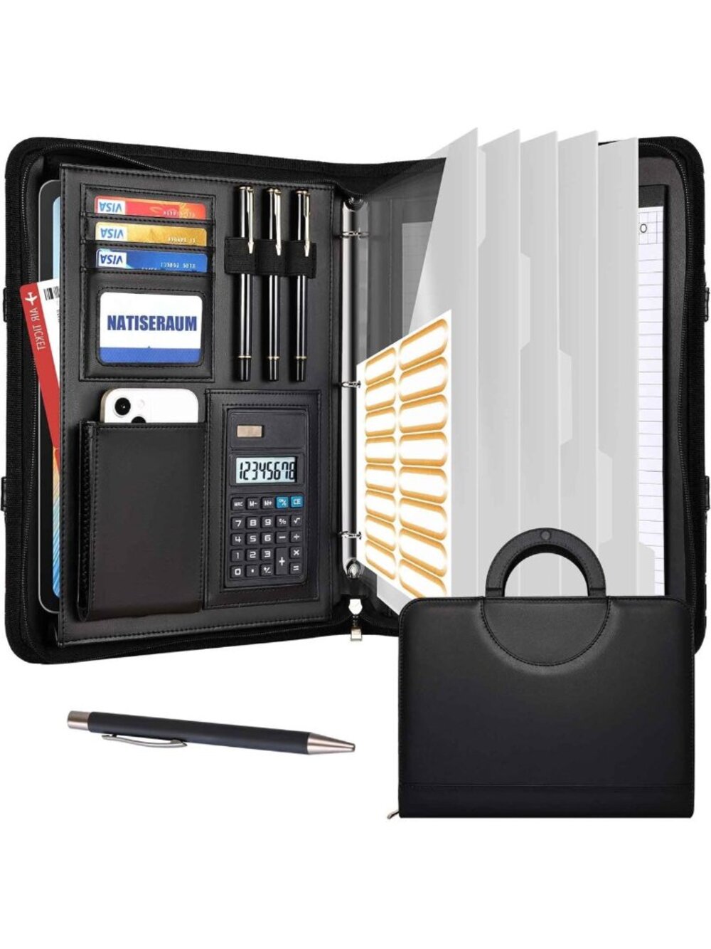 3-Ring Portfolio Binder with Pen, 5 Dividers & 10 Pockets - Padfolio Organizer